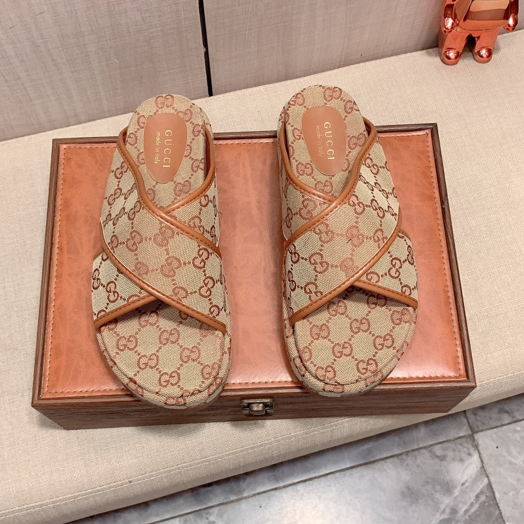 Gucci Criss Cross Tan Multicolor GG Canvas Platform Slides