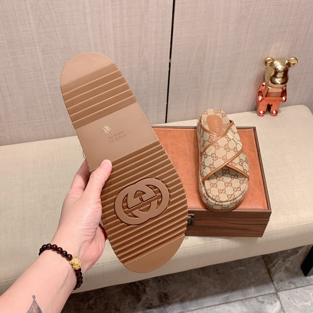 Gucci Criss Cross Tan Multicolor GG Canvas Platform Slides