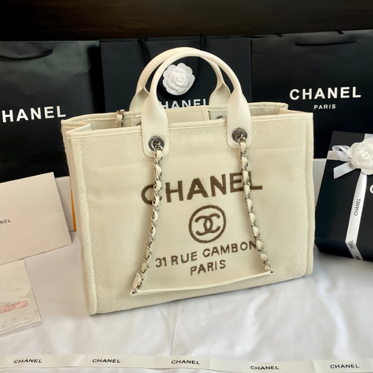 CHANEL Beach Canvas Tote Bag In Beige With Silver Tone Chain Link