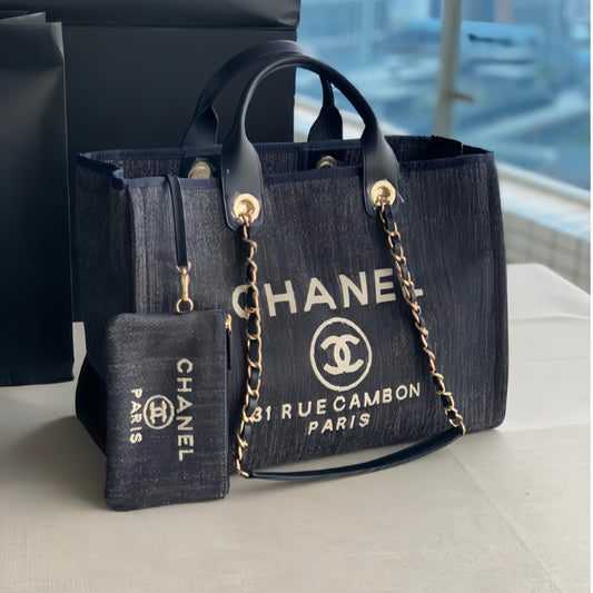 CHANEL Beach Tote Bag In Dark Blue With Silver Tone Chain Link