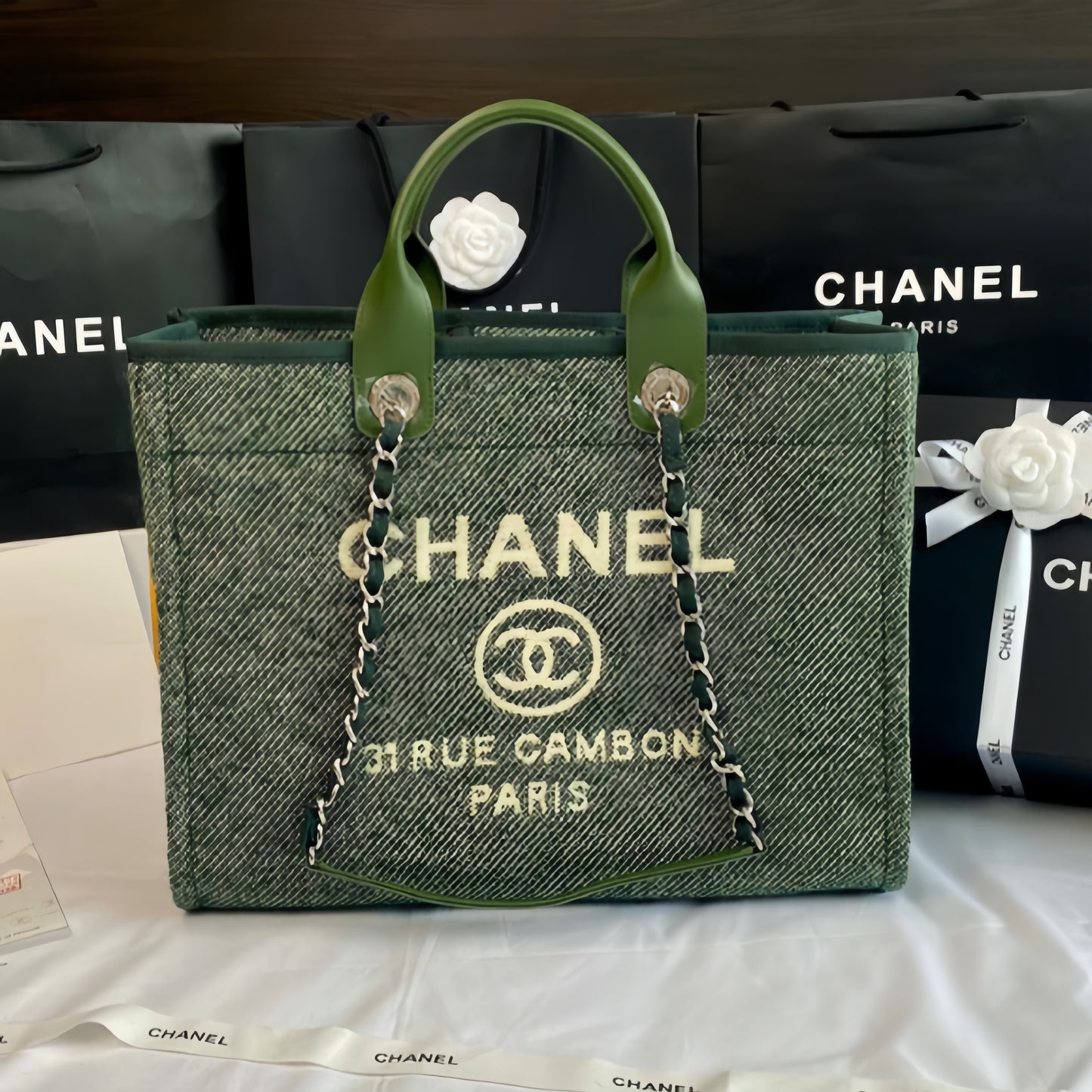 CHANEL Beach Tote Bag In Green with Gold Tone Chain Link