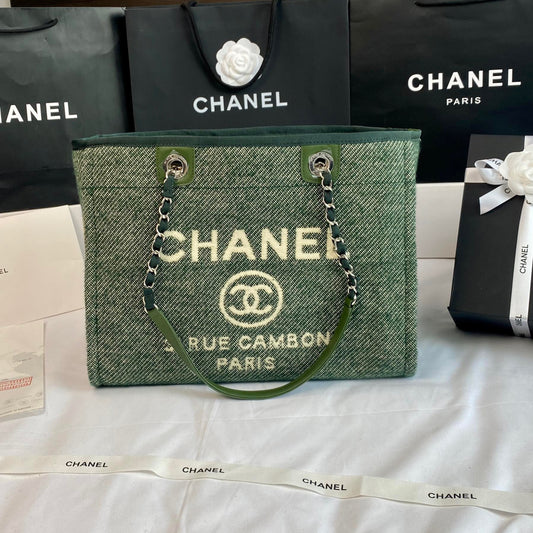 CHANEL Beach Canvas Tote Bag In Dark Green With Gold Tone Chain Link