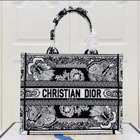 Dior Black Butterfly Embroidery Series Medium Tote Bag