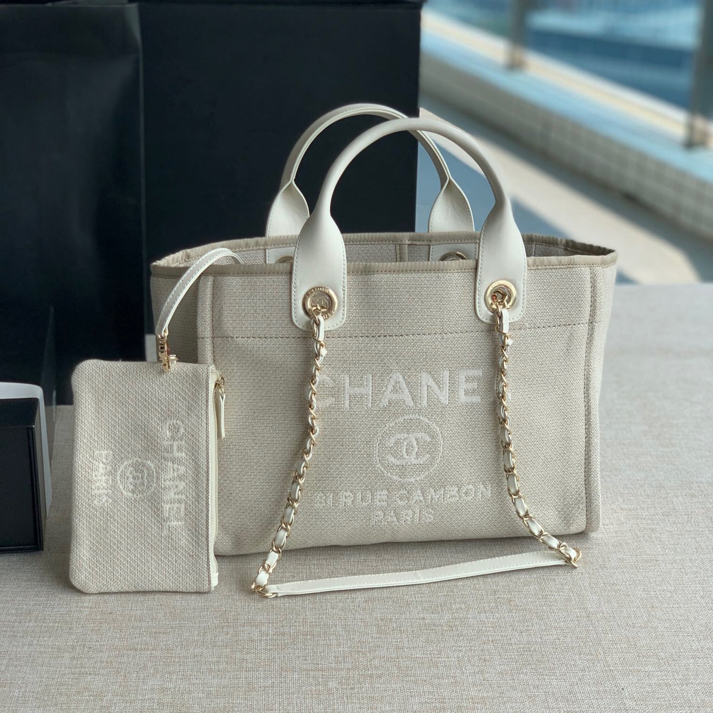 CHANEL Beach Canvas Tote Bag In Beige with White Shoulder Straps