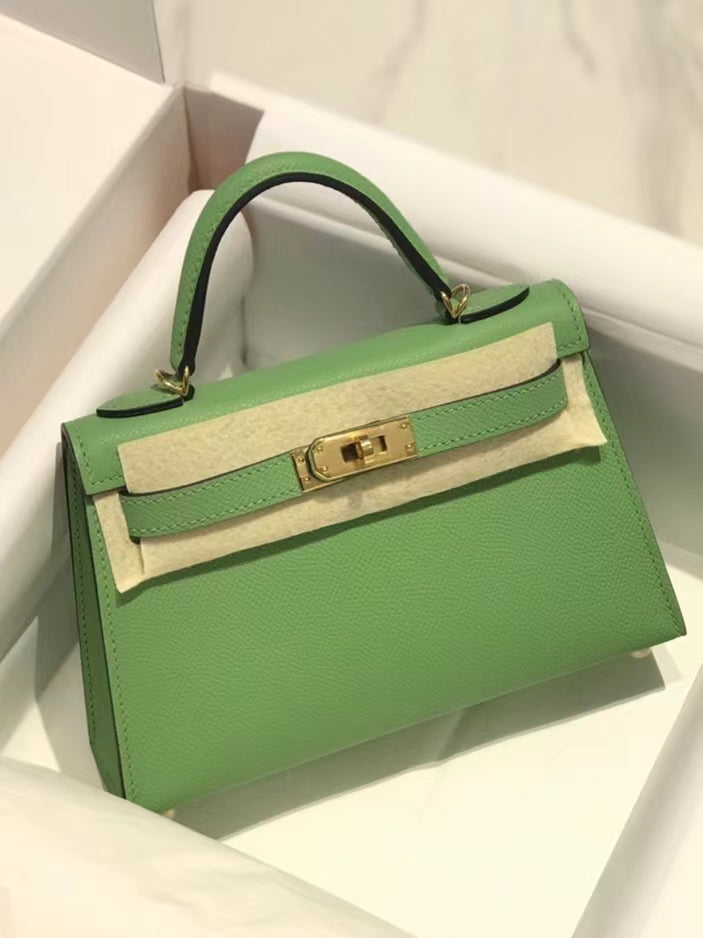 Hermes Kelly Mini II Sellier Bag In Vert Criquet Epsom Leather