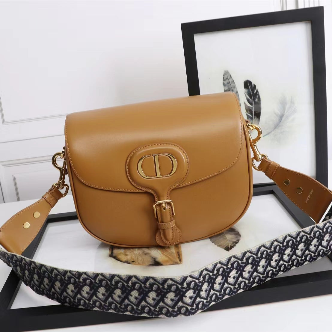 Dior Bobby Large Wide Shoulder Strap Bag In Brown Calfskin