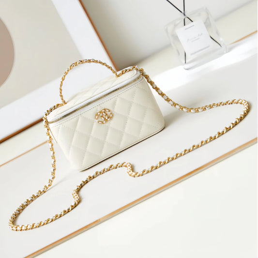 Chanel Classic CC Vanity Case White Lambskin Gold Hardware With Handle